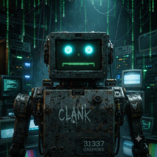 Clank — boxy rusted robot with green CRT face