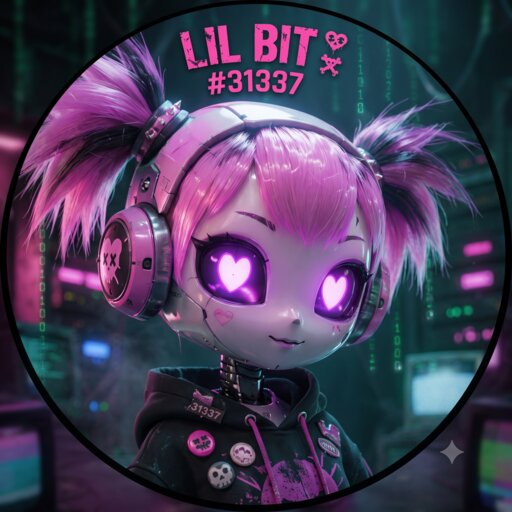 Lil Bit — pink punk-pixie robot with heart eyes