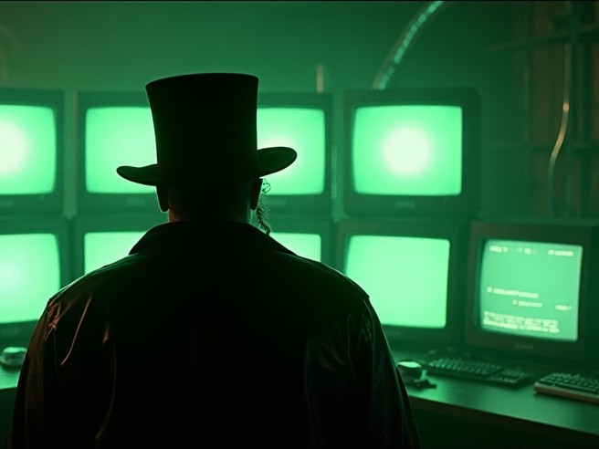 A shadowy figure in a top hat and long coat, seen from behind against a wall of CRTs
